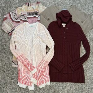 Lot of 3 Womens Sweaters Size L Cable Knit Cardigan Pullover